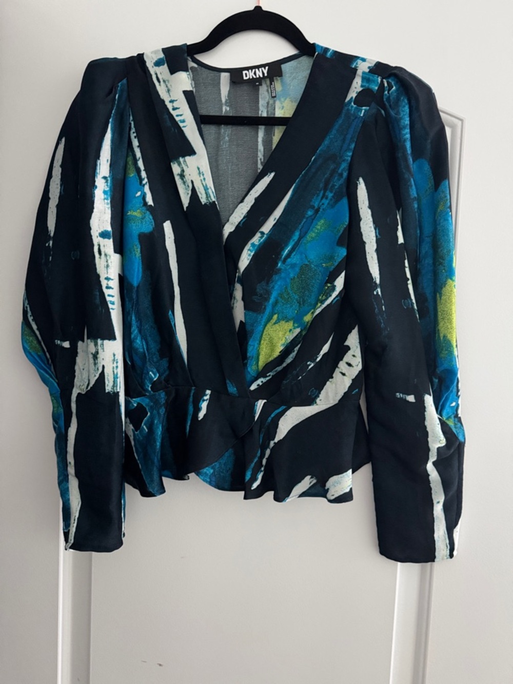 DKNY Blouse with Teal & White Brushstroke Print